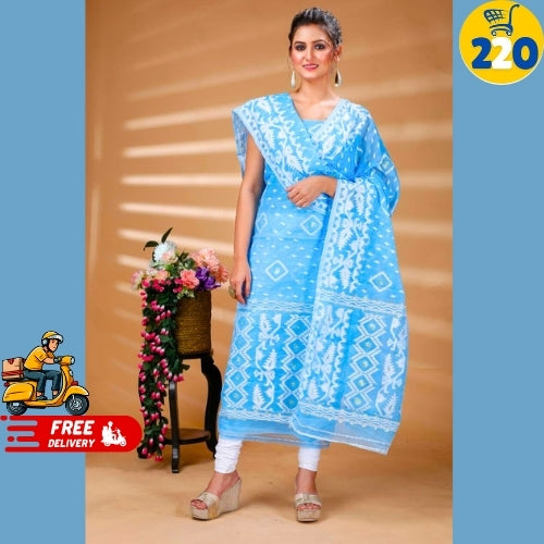 Elegant Sky Blue Printed Chanderi Cotton Suit Set – With Dupatta