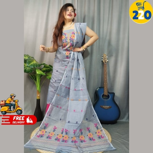 Bright Blue Floral Embroidered Saree – Lightweight & Elegant Daily Wear