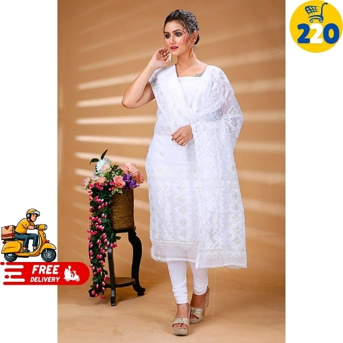 Elegant Sky Blue Printed Chanderi Cotton Suit Set – With Dupatta