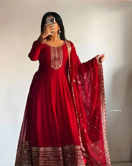 Luxury Maroon Embroidered Anarkali Suit