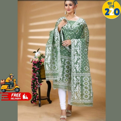 Elegant Sky Blue Printed Chanderi Cotton Suit Set – With Dupatta