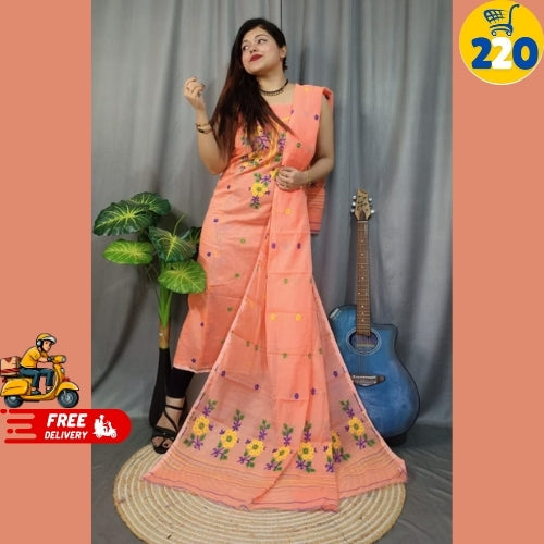 Bright Blue Floral Embroidered Saree – Lightweight & Elegant Daily Wear