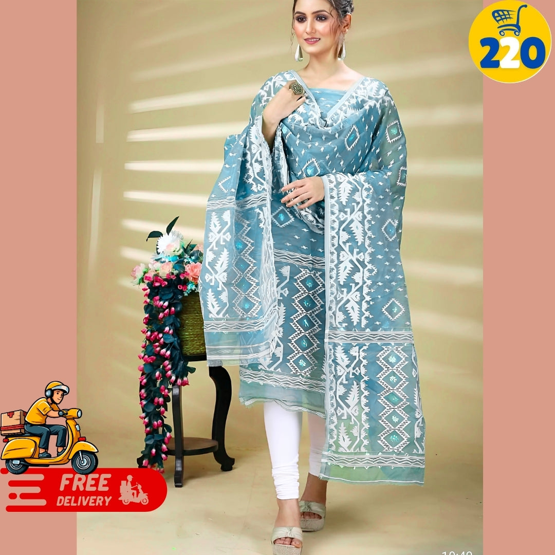 Elegant Sky Blue Printed Chanderi Cotton Suit Set – With Dupatta