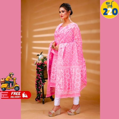 Elegant Sky Blue Printed Chanderi Cotton Suit Set – With Dupatta