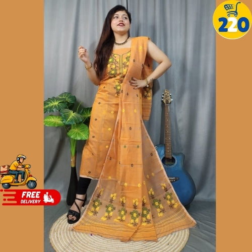 Bright Blue Floral Embroidered Saree – Lightweight & Elegant Daily Wear