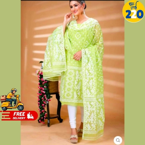Elegant Sky Blue Printed Chanderi Cotton Suit Set – With Dupatta