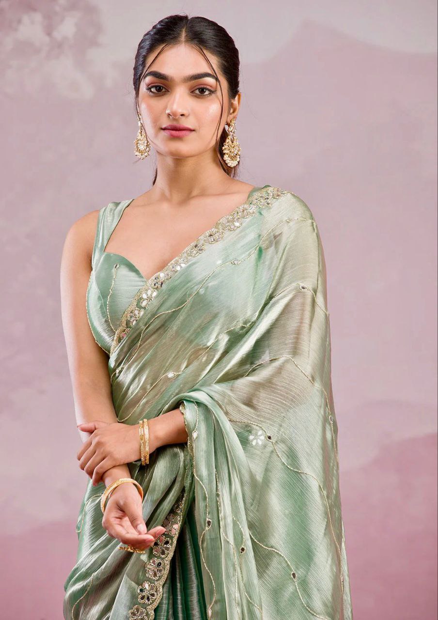 Mint Green Burberry Silk Saree with Mirror Embroidery Border