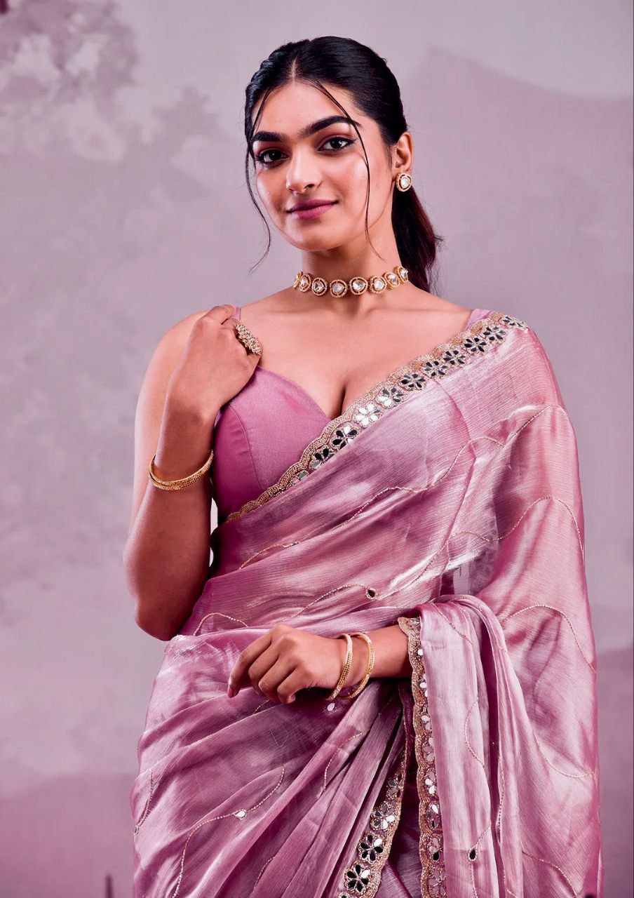 Mauve Pink Burberry Silk Saree with Mirror Embroidery Border