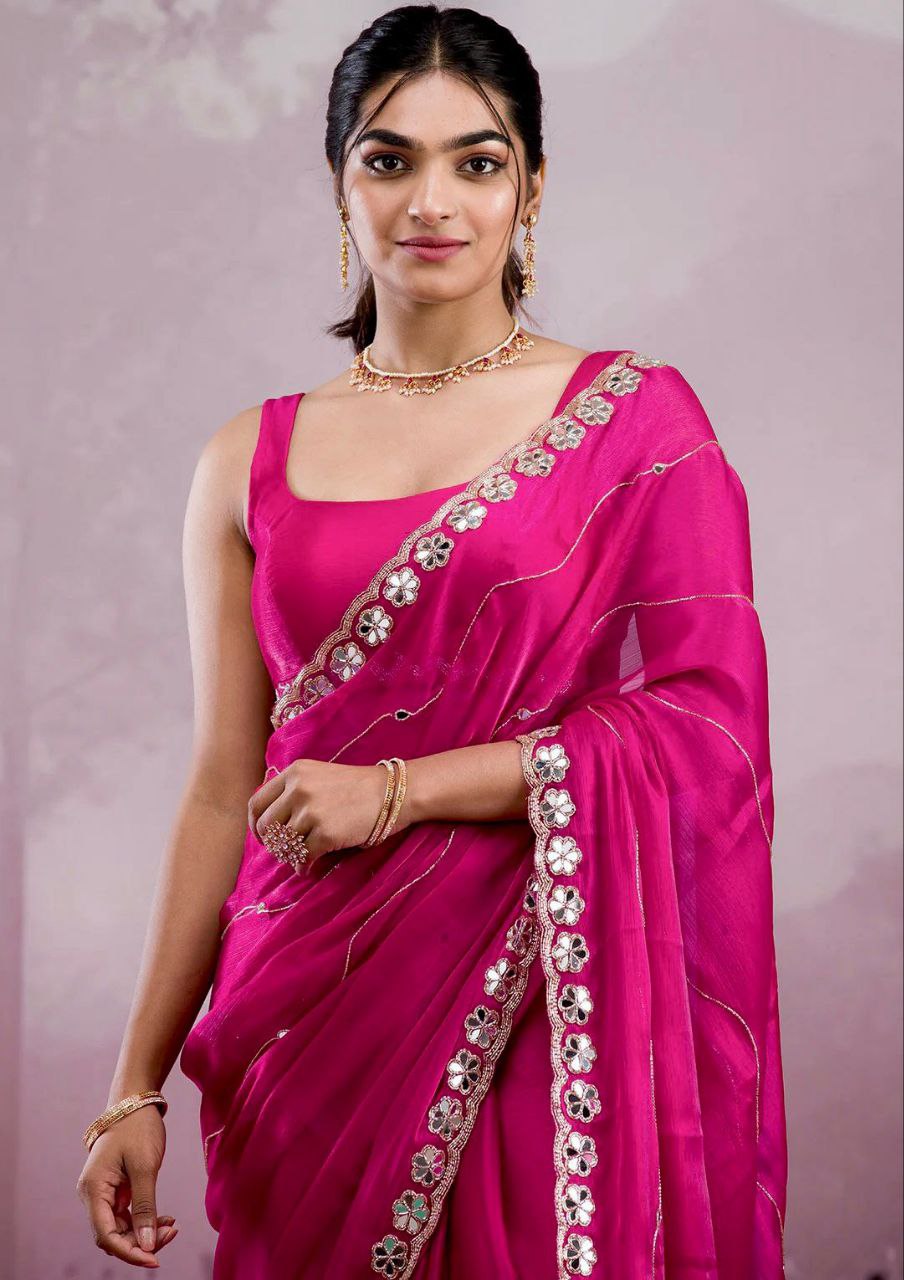 Pink Burberry Silk Saree with Real Mirror Work Border