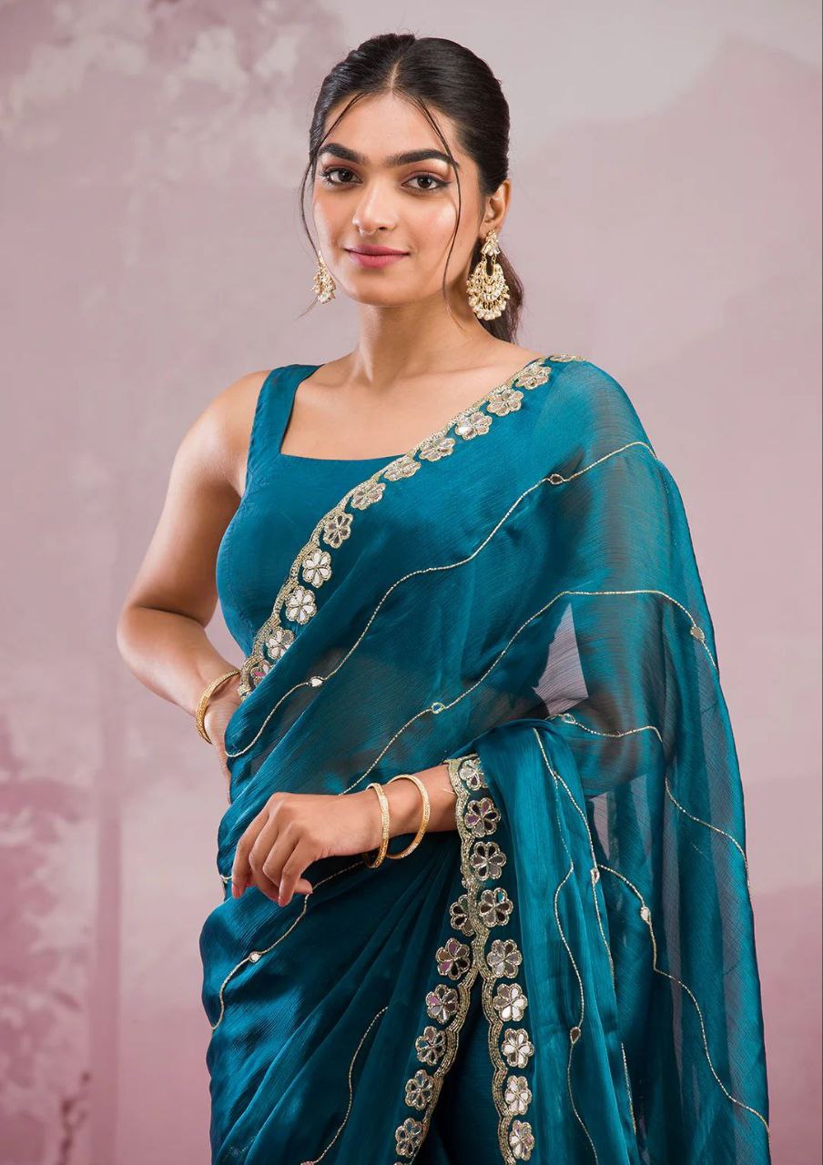 Teal Blue Burberry Silk Saree with Mirror Embroidery Border