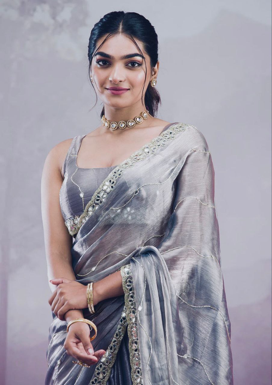 Moon Grey Burberry Silk Saree with Mirror Embroidered Border