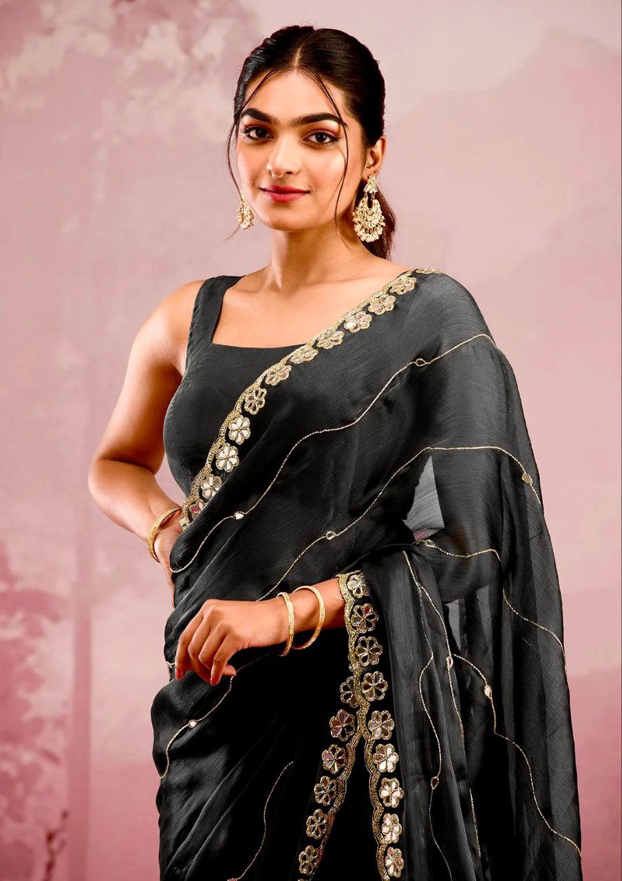 Jet Black Burberry Silk Saree with Mirror Embroidery Border