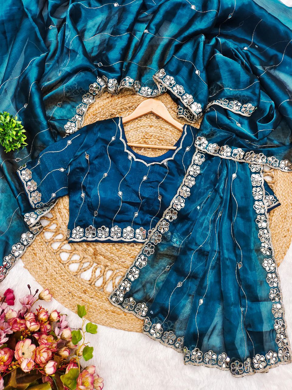 Teal Blue Burberry Silk Saree with Mirror Embroidery Border