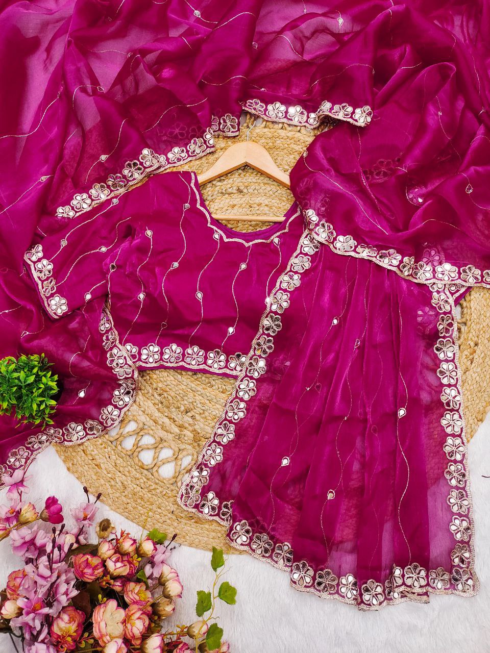 Pink Burberry Silk Saree with Real Mirror Work Border