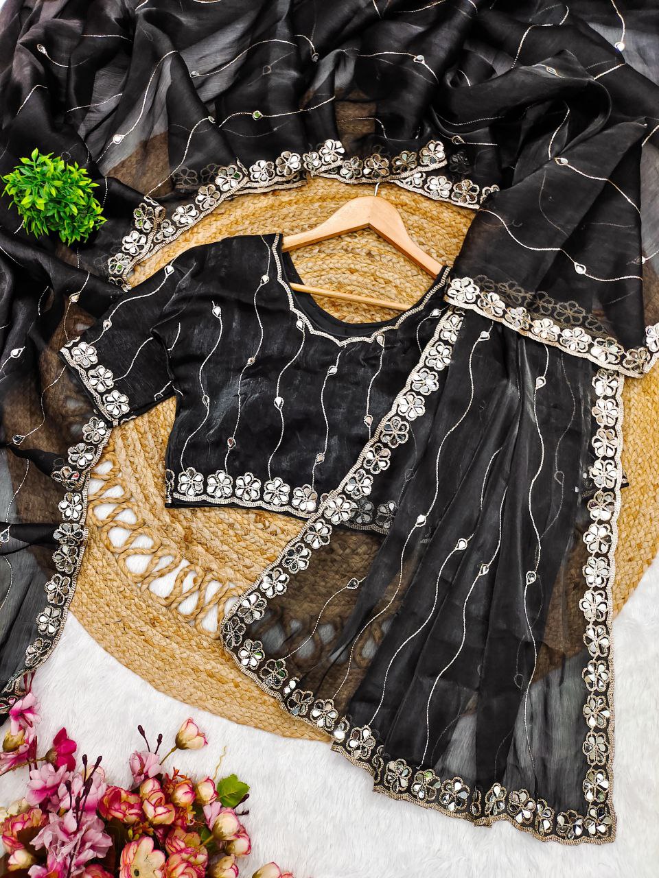 Jet Black Burberry Silk Saree with Mirror Embroidery Border