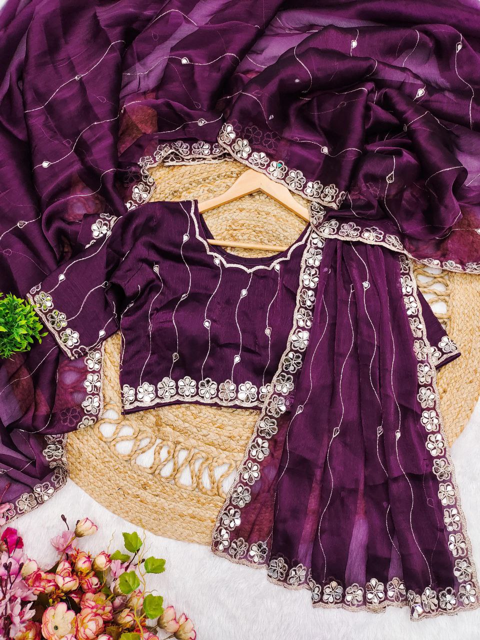 Royal Purple Burberry Silk Saree with Hand Mirror Embroidery