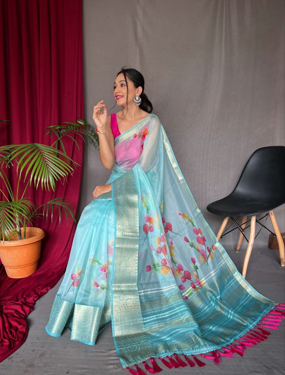 Elegant Pichika Organza Silk Saree with Gold Border