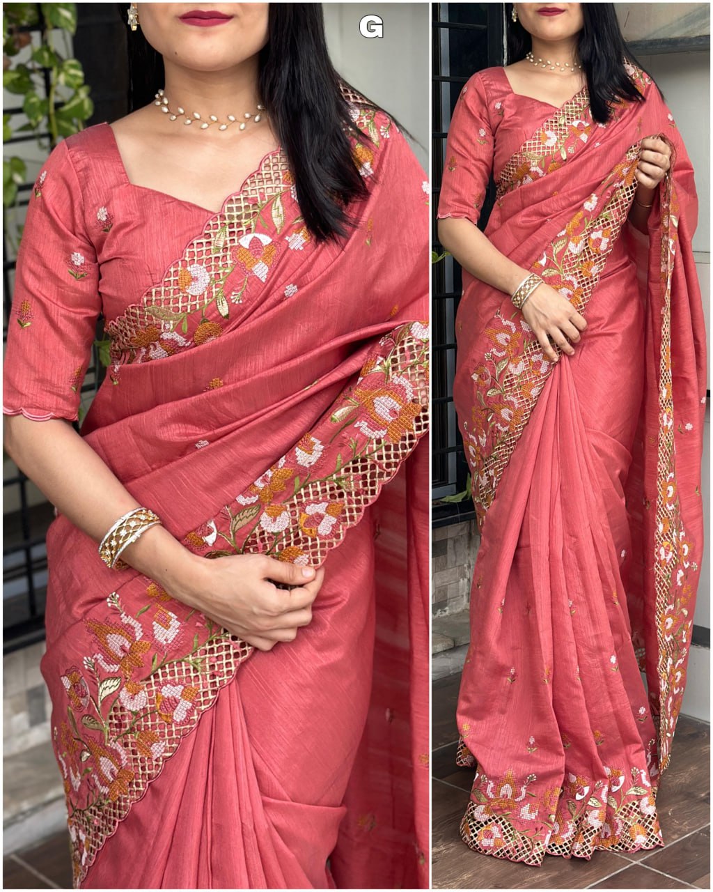 Cut Work Viscose Slub Silk Embroidered Saree