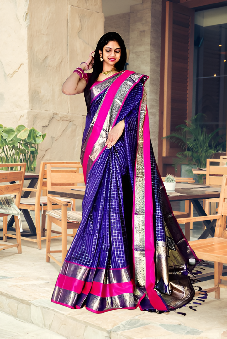 acquard Saree with Sona Chandi Zari Border
