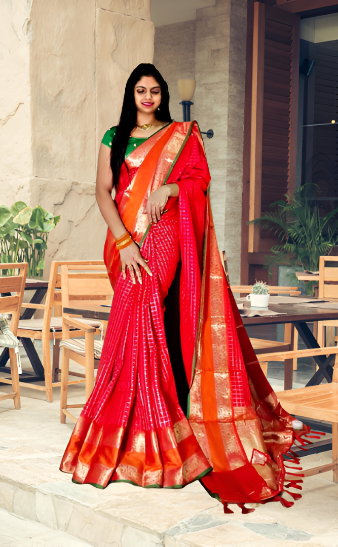 acquard Saree with Sona Chandi Zari Border