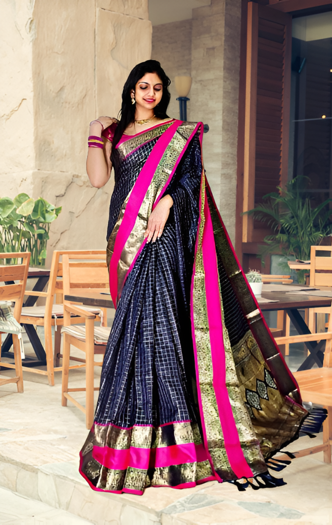 acquard Saree with Sona Chandi Zari Border