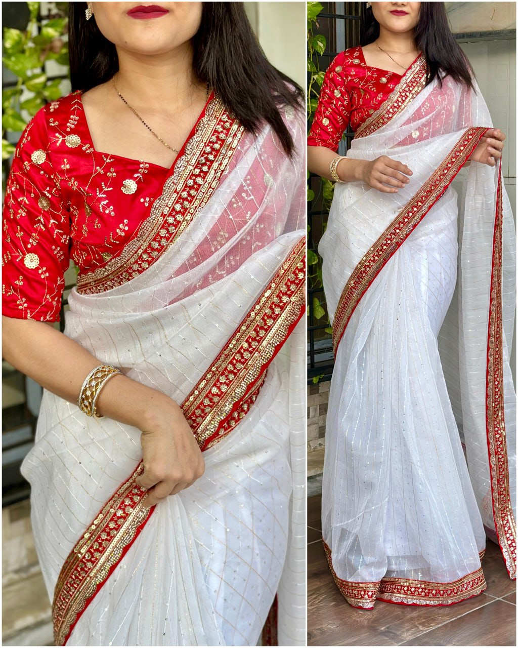 White Organza Saree with Red Sequin Embroidered Border