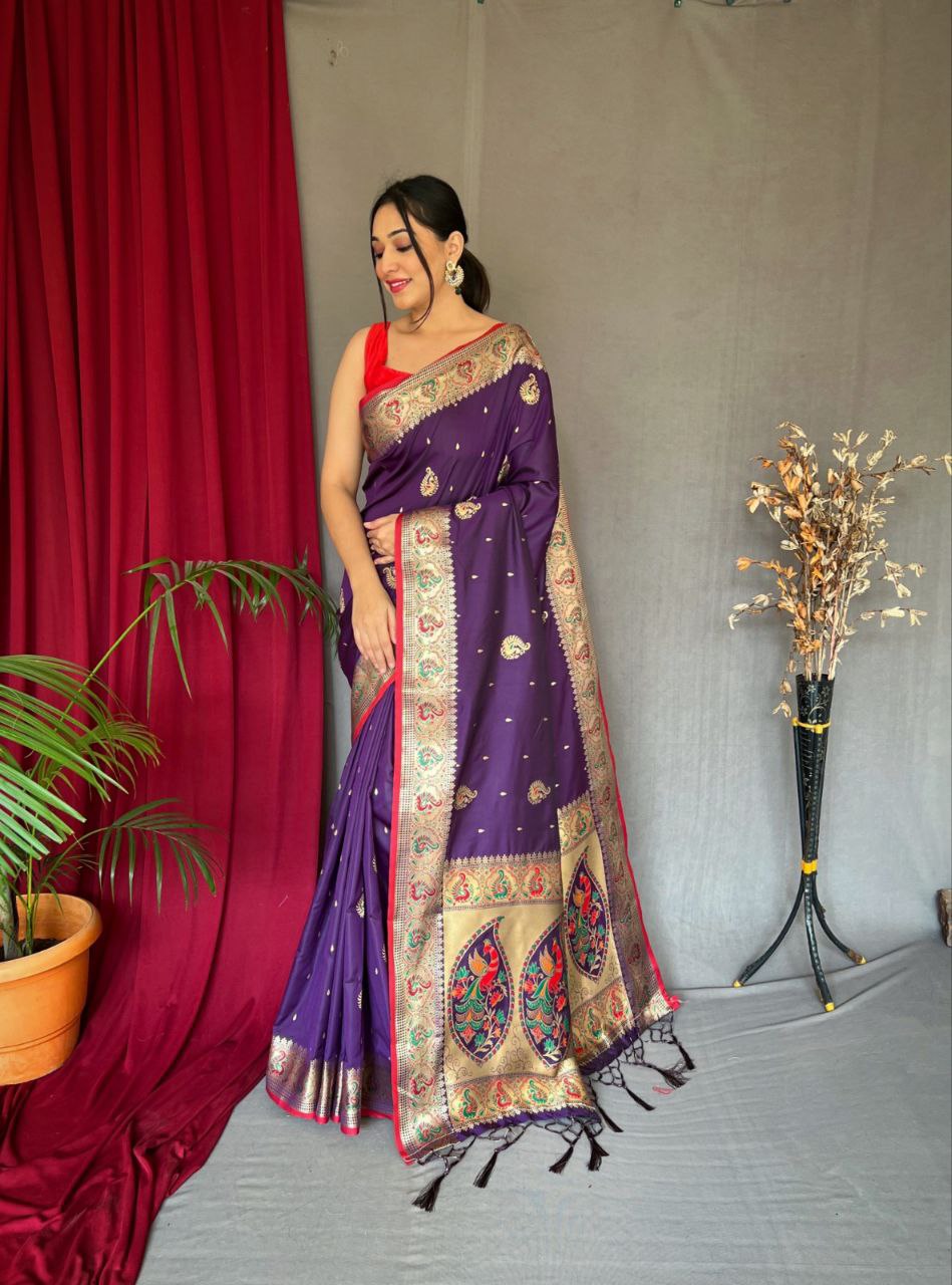 Pure Kanchipuram Paithani Silk Saree with Contrast Butti Blouse