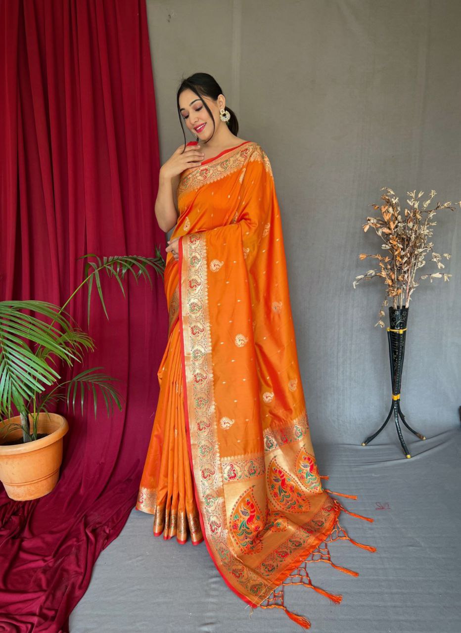 Pure Kanchipuram Paithani Silk Saree with Contrast Butti Blouse