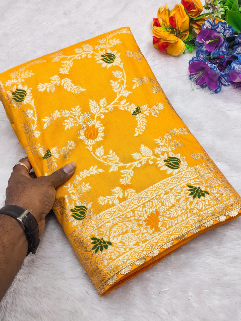 Pure Viscose Dolla Silk Saree with Heavy Meenakari Weaving & Tassel Pallu