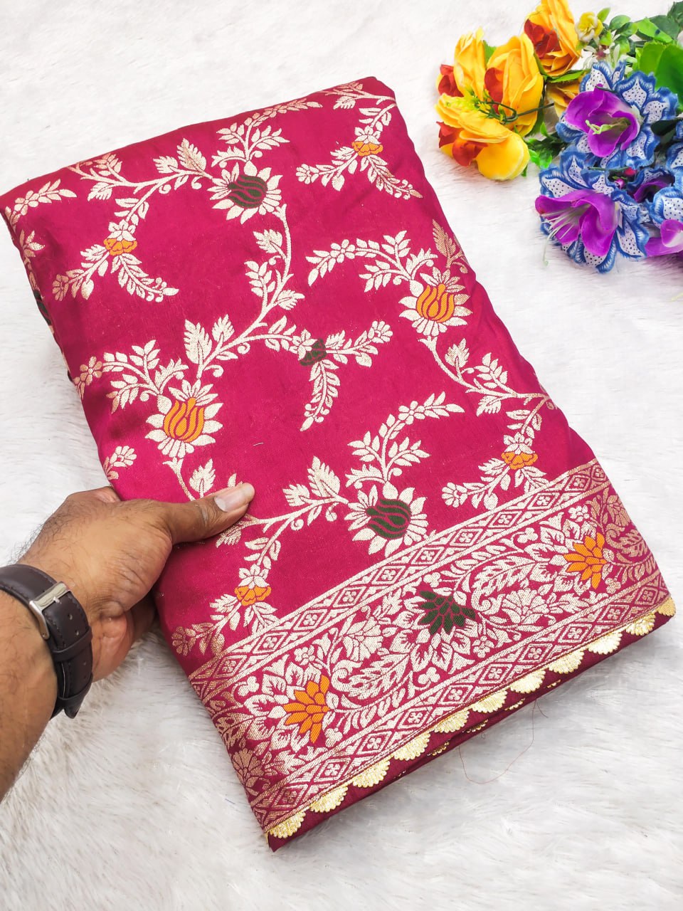 Pure Viscose Dolla Silk Saree with Heavy Meenakari Weaving & Tassel Pallu