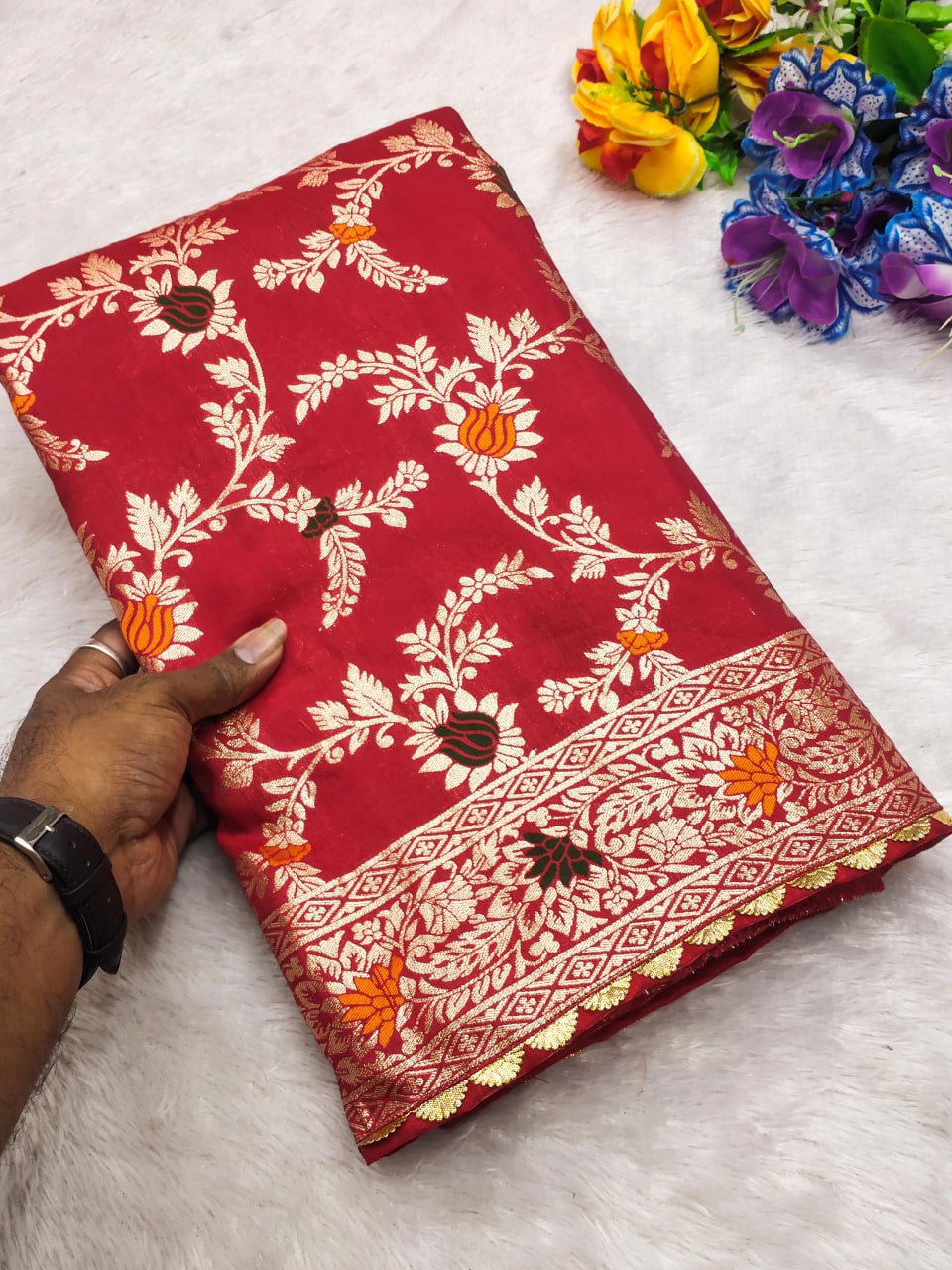 Pure Viscose Dolla Silk Saree with Heavy Meenakari Weaving & Tassel Pallu