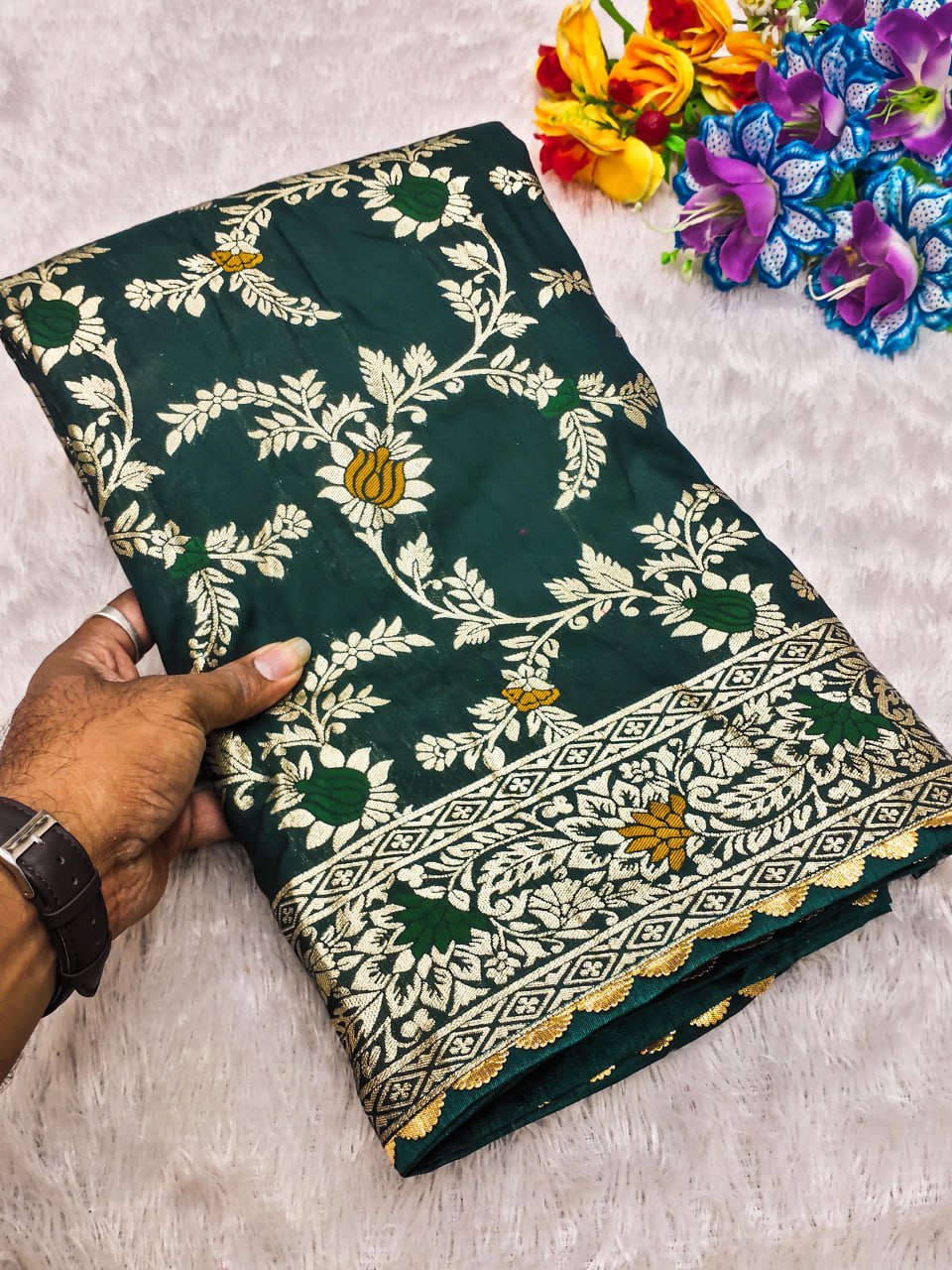 Pure Viscose Dolla Silk Saree with Heavy Meenakari Weaving & Tassel Pallu
