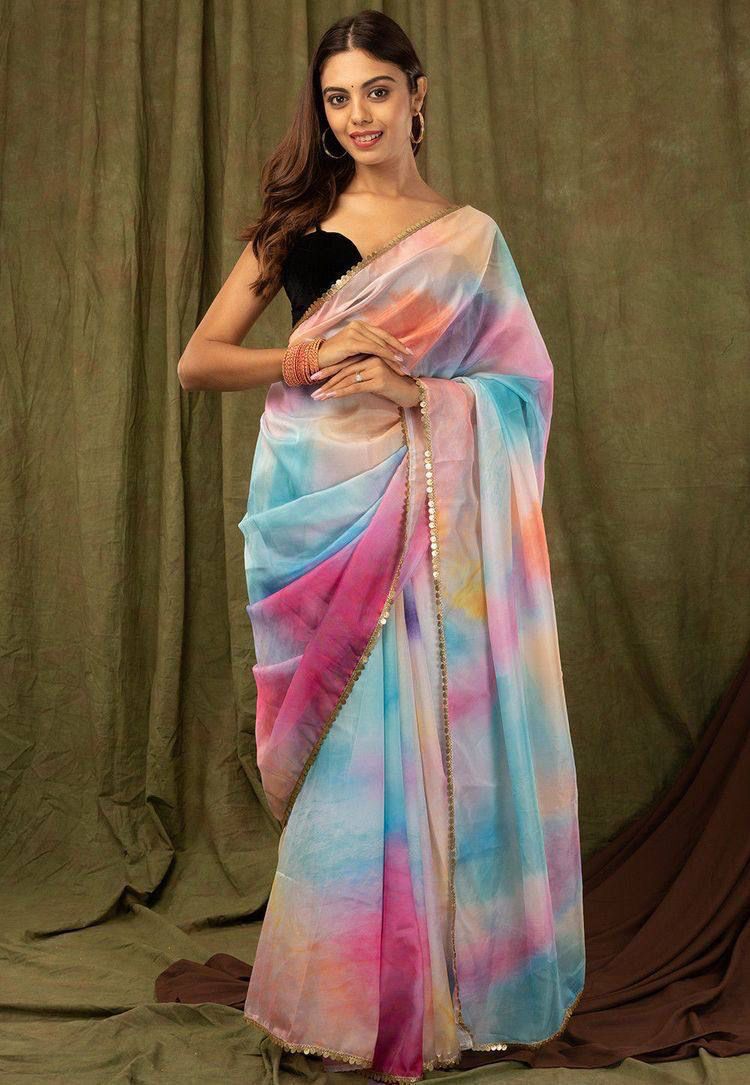 Khadi Organza Saree with Digital Print and Sequin Border