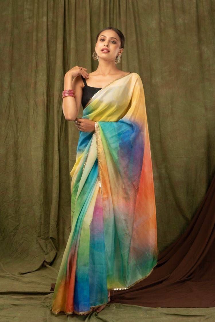 Khadi Organza Saree with Digital Print and Sequin Border