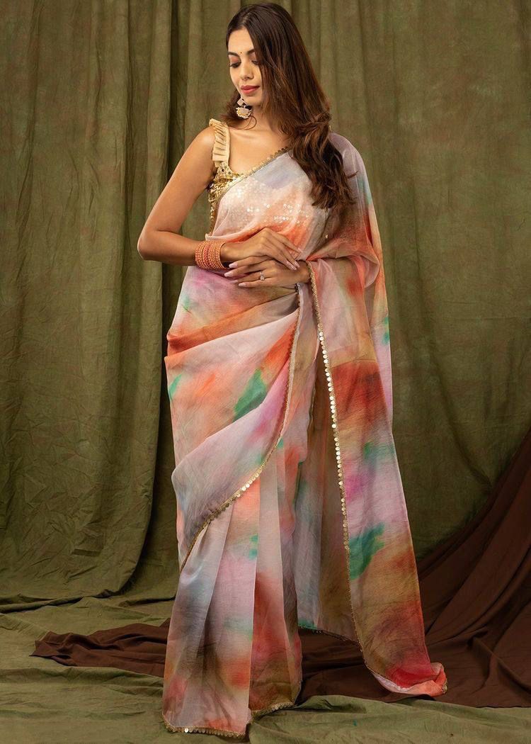 Khadi Organza Saree with Digital Print and Sequin Border