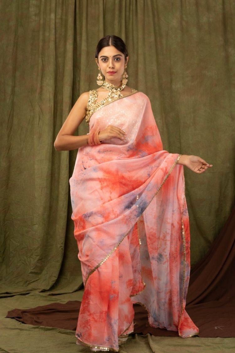 Khadi Organza Saree with Digital Print and Sequin Border