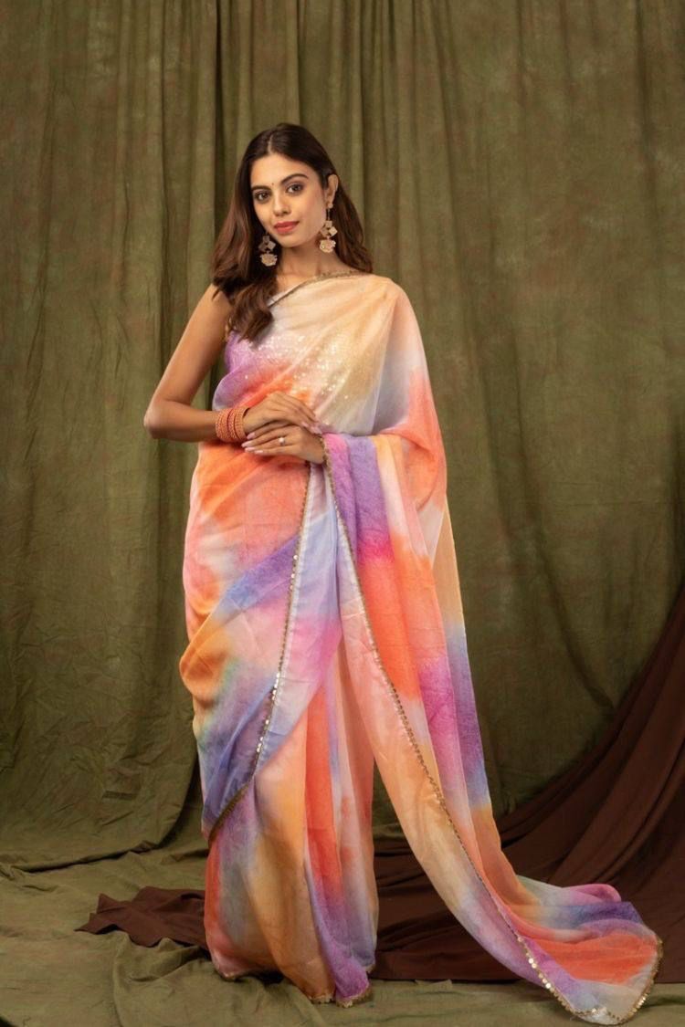 Khadi Organza Saree with Digital Print and Sequin Border