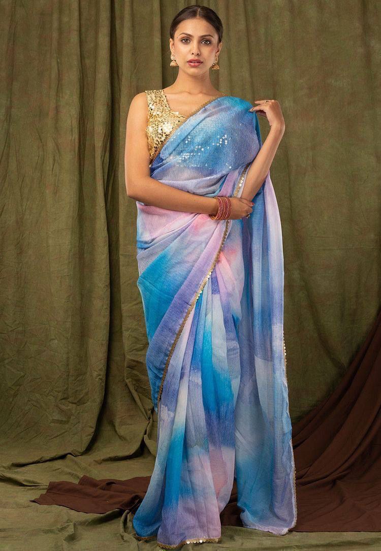 Khadi Organza Saree with Digital Print and Sequin Border