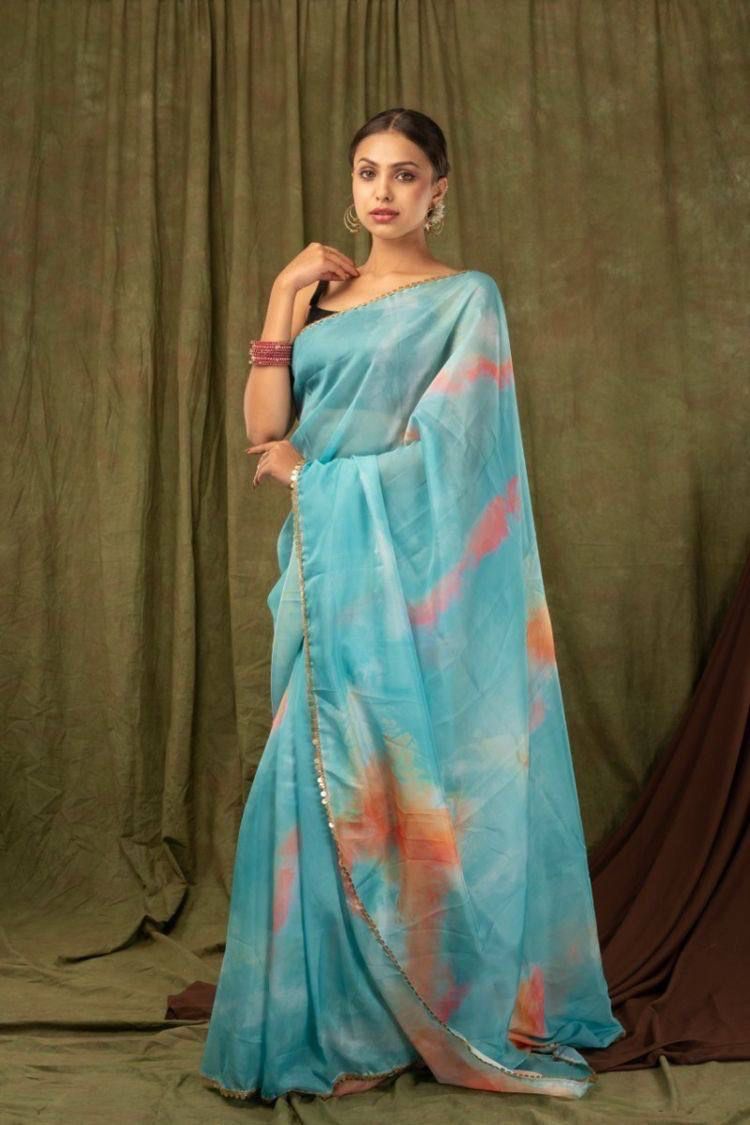 Khadi Organza Saree with Digital Print and Sequin Border