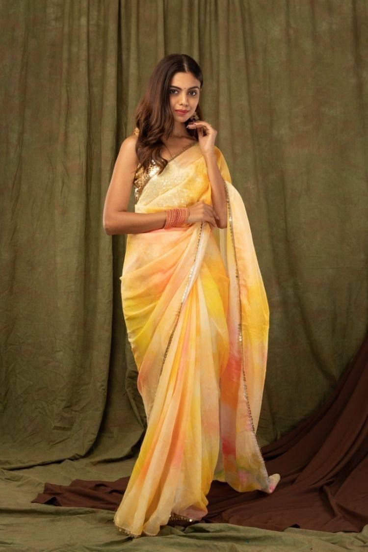 Khadi Organza Saree with Digital Print and Sequin Border
