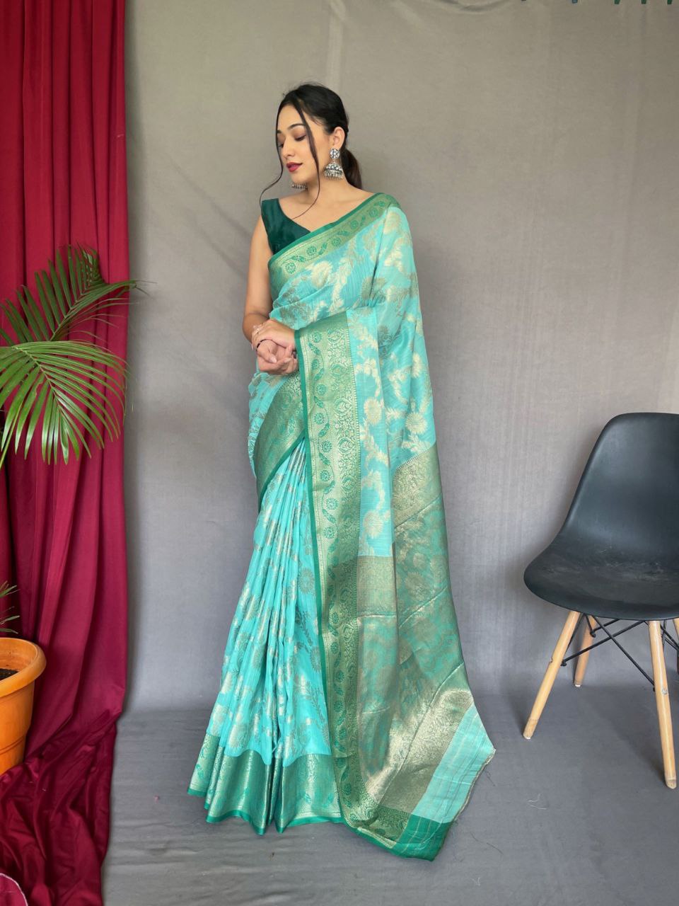 Original Linen Saree with Gold Motifs and Brocade Blouse