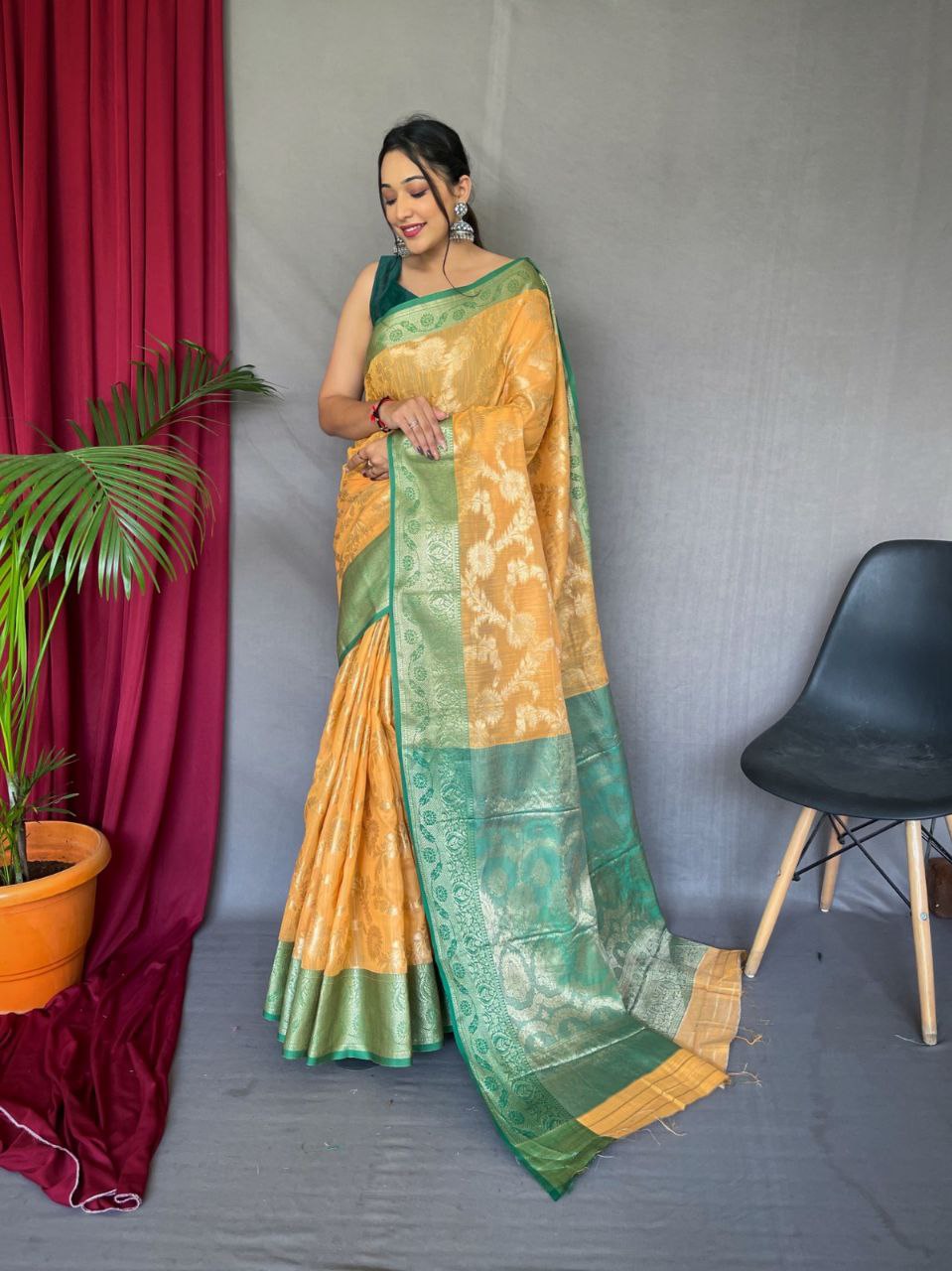 Original Linen Saree with Gold Motifs and Brocade Blouse