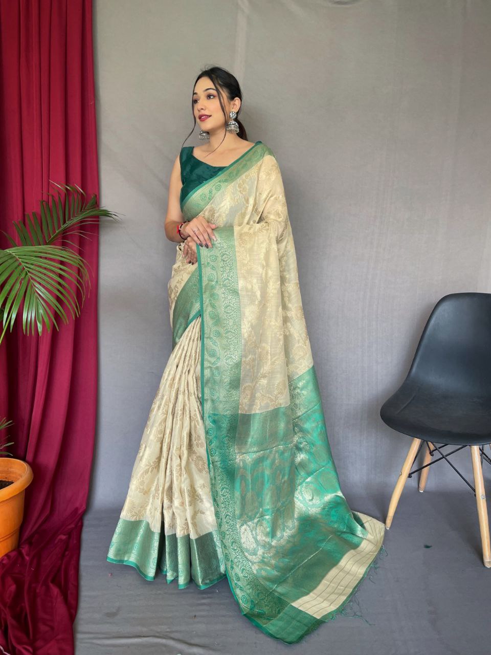Original Linen Saree with Gold Motifs and Brocade Blouse