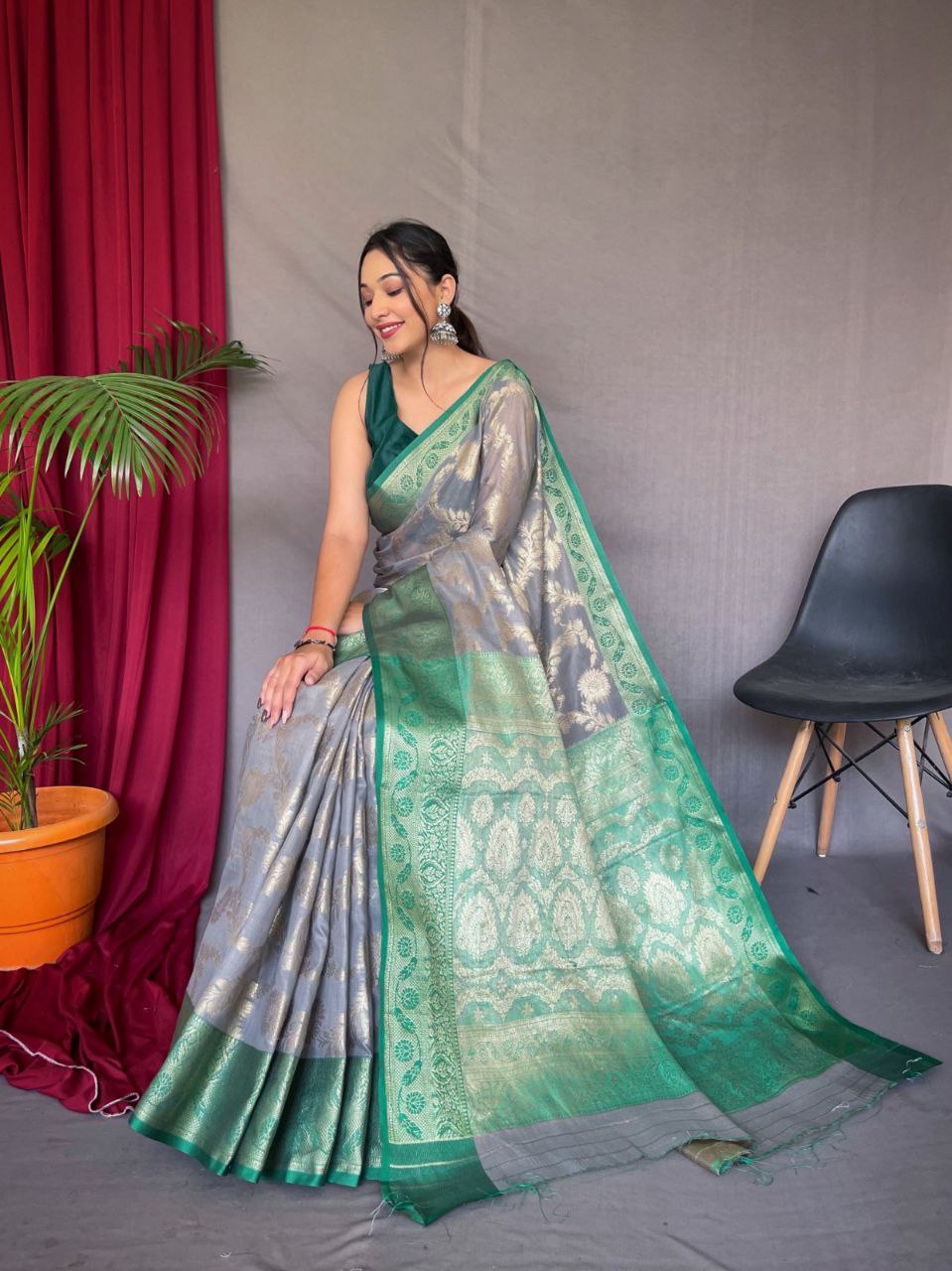 Original Linen Saree with Gold Motifs and Brocade Blouse
