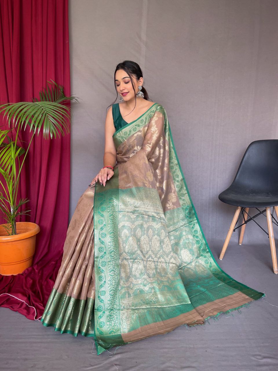 Original Linen Saree with Gold Motifs and Brocade Blouse