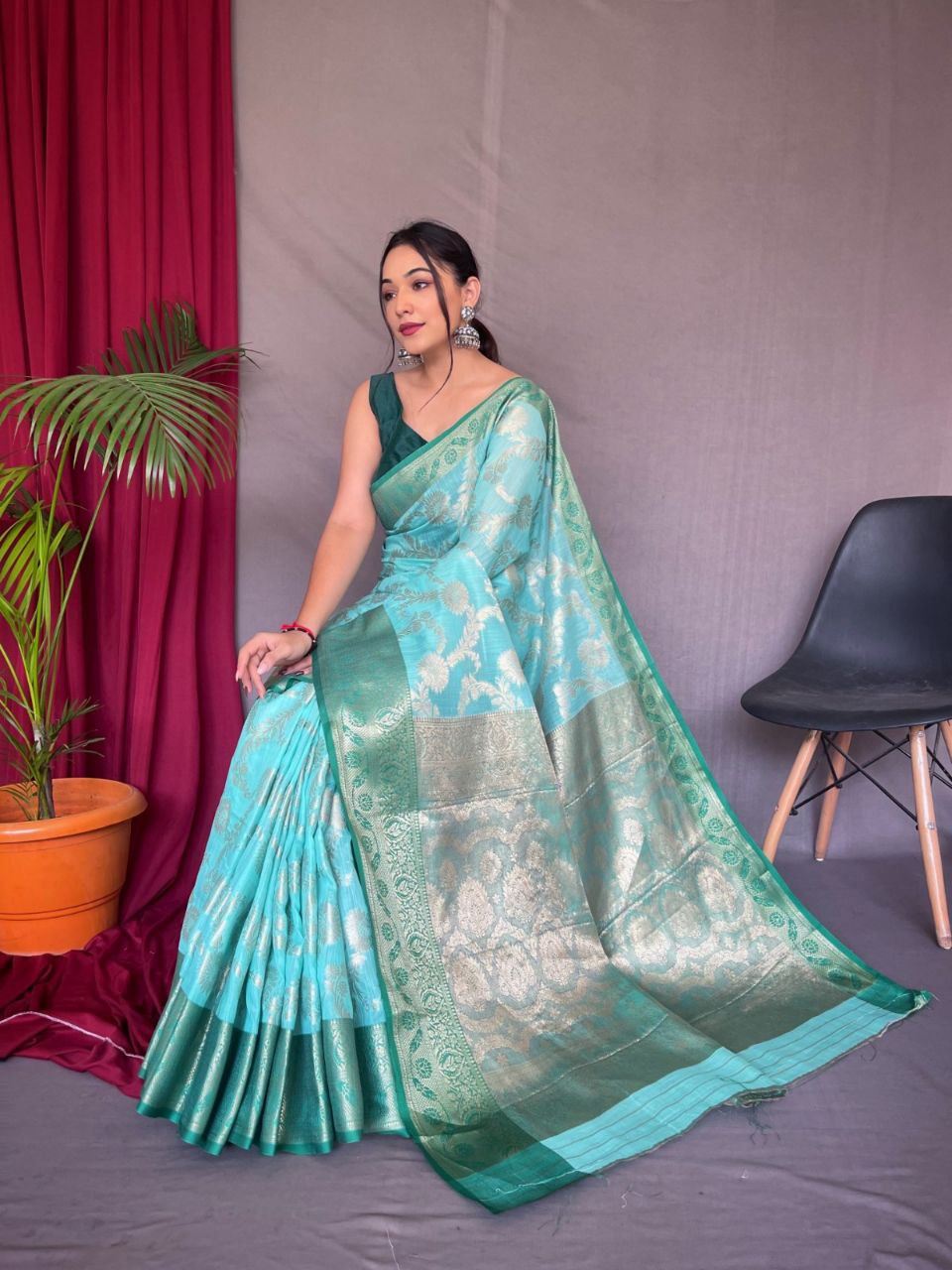 Original Linen Saree with Gold Motifs and Brocade Blouse