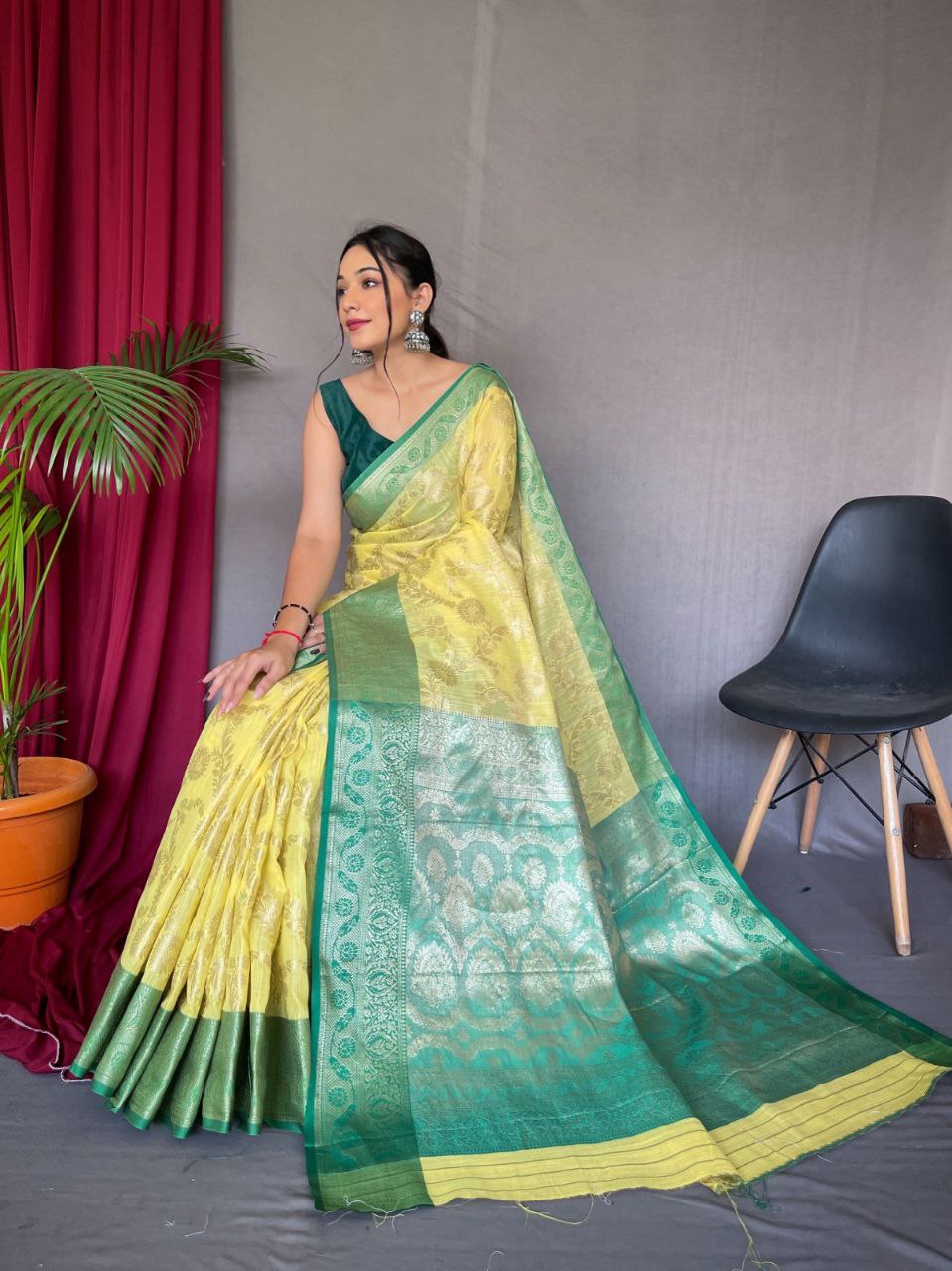 Original Linen Saree with Gold Motifs and Brocade Blouse