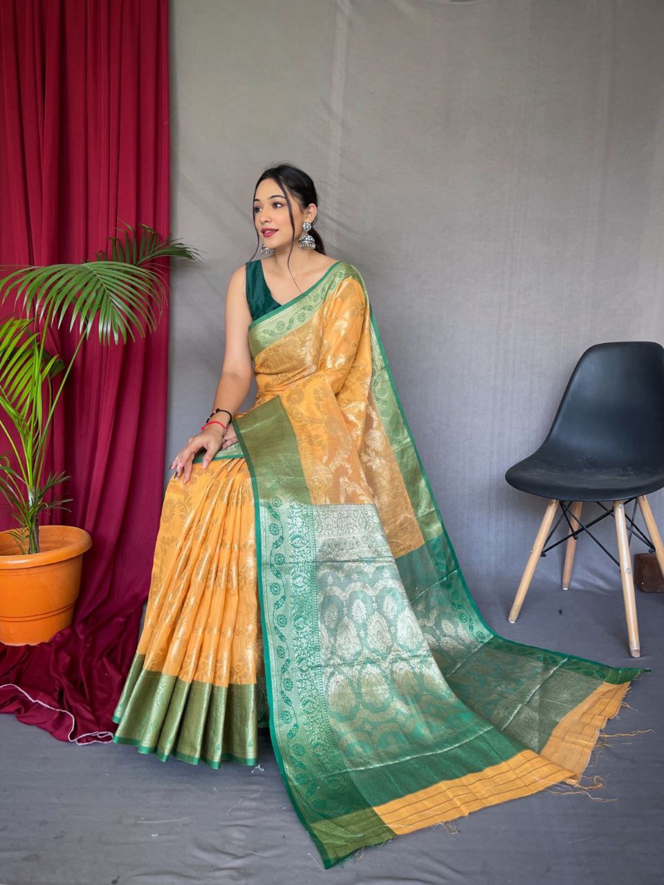 Original Linen Saree with Gold Motifs and Brocade Blouse