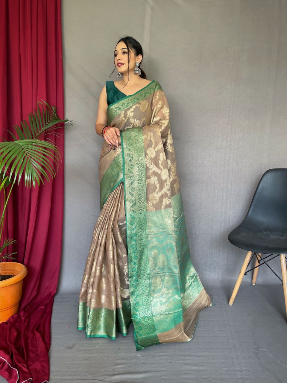 Original Linen Saree with Gold Motifs and Brocade Blouse