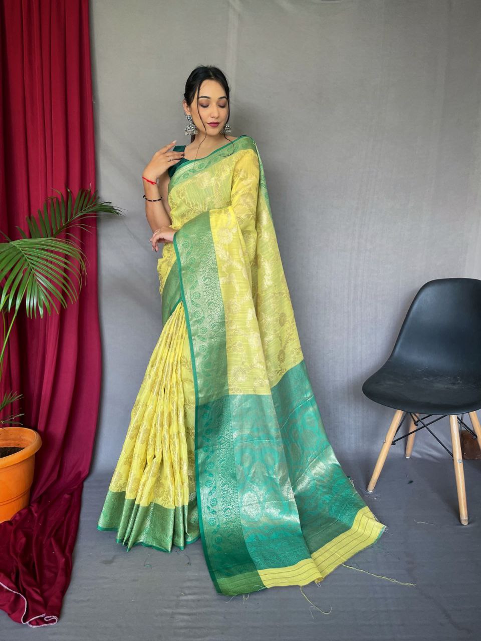 Original Linen Saree with Gold Motifs and Brocade Blouse